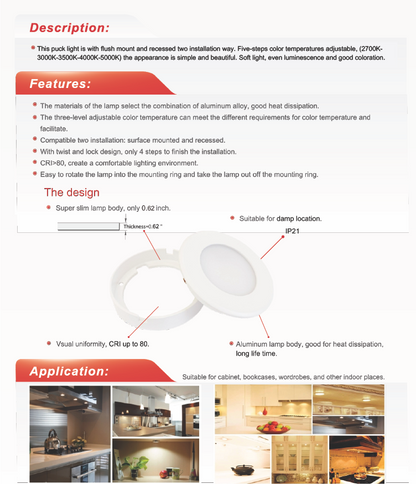24V 3W 5CCT LED Under-Cabinet Puck Light, White-3W- NX-2PL-243W-5CCT-W. Recessed and surface mounting options.