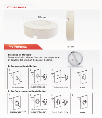 24V 3W 5CCT LED Under-Cabinet Puck Light, White-3W- NX-2PL-243W-5CCT-W. Recessed and surface mounting options.