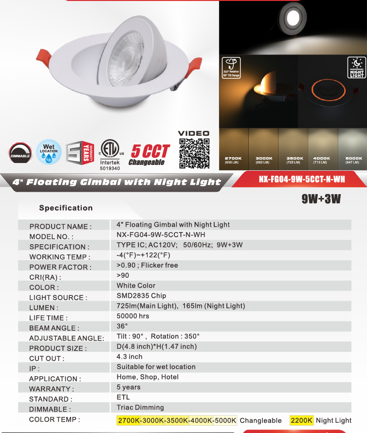 4" Floating Gimbal LED Downlight with Night Light -NX-FG04-9W-5CCT-N-WH