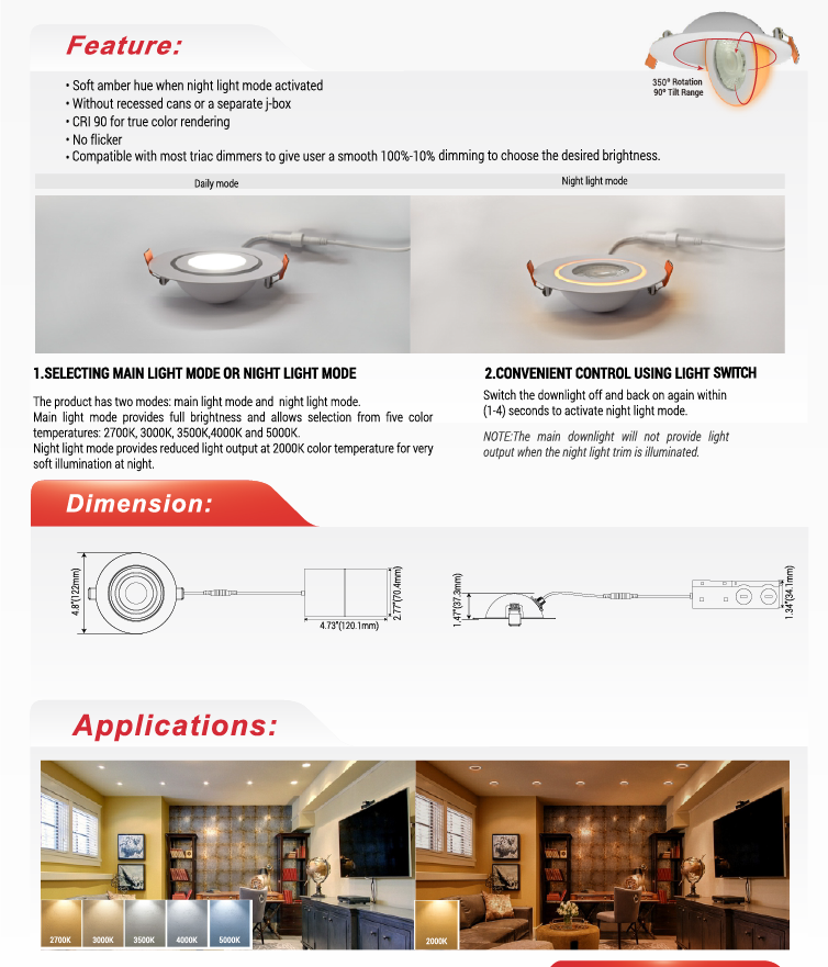 4" Floating Gimbal LED Downlight with Night Light -NX-FG04-9W-5CCT-N-WH