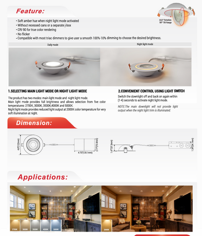 4" Floating Gimbal LED Downlight with Night Light -NX-FG04-9W-5CCT-N-WH