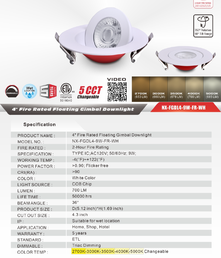 4" Fire-Rated Floating Gimbal LED Downlight, White-NX-FGDL4-9W-FR-WH