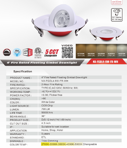 4" Fire-Rated Floating Gimbal LED Downlight, White-NX-FGDL4-9W-FR-WH
