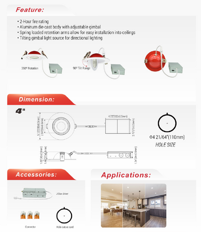 4" Fire-Rated Floating Gimbal LED Downlight, White-NX-FGDL4-9W-FR-WH