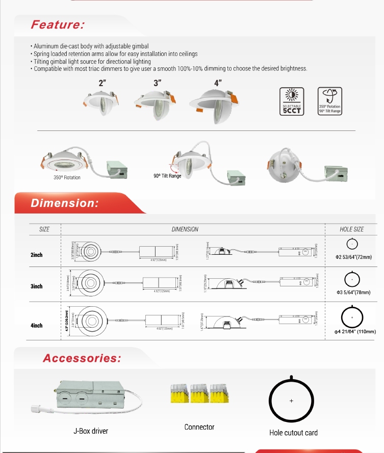 4" Floating Gimbal LED Downlight, Black-NX-FGDL4-9W-BK