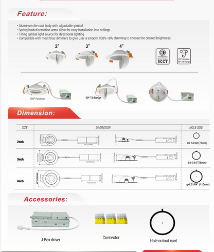 4" Floating Gimbal LED Downlight, Black-NX-FGDL4-9W-BK