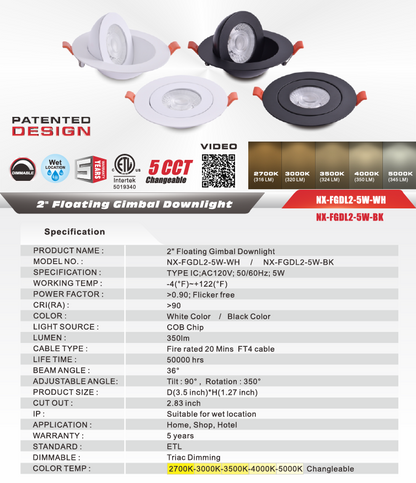 2" Floating Gimbal LED Downlight, Black, NX-FGDL2-5W-BK