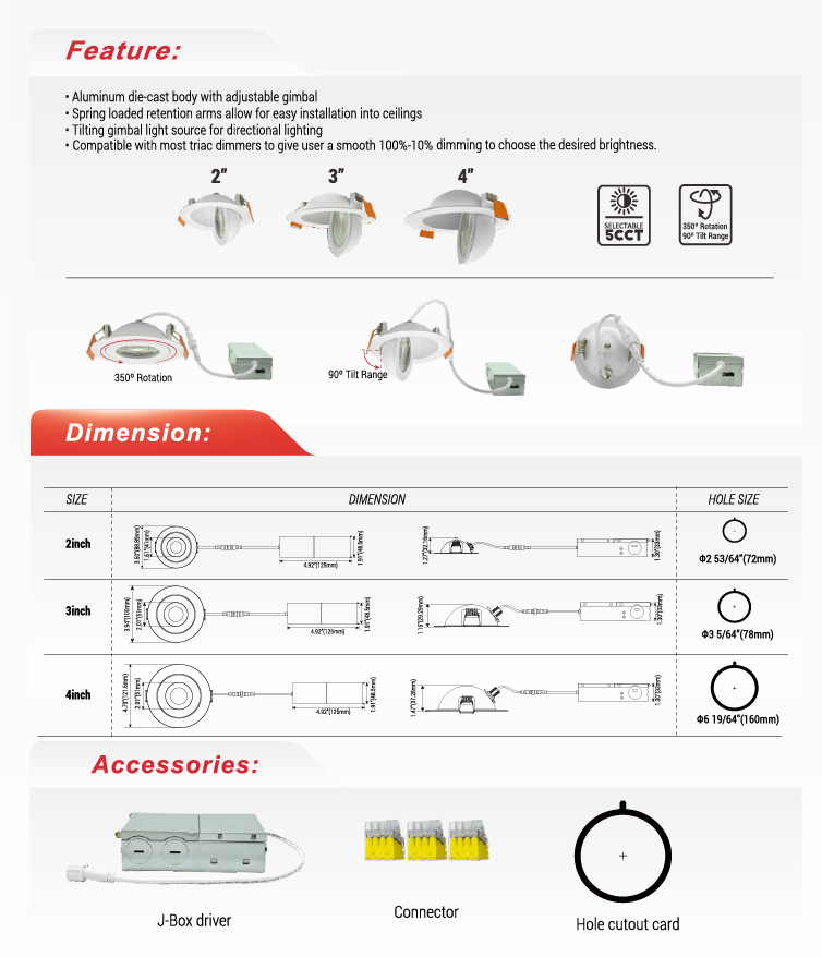 2" Floating Gimbal LED Downlight, Black, NX-FGDL2-5W-BK