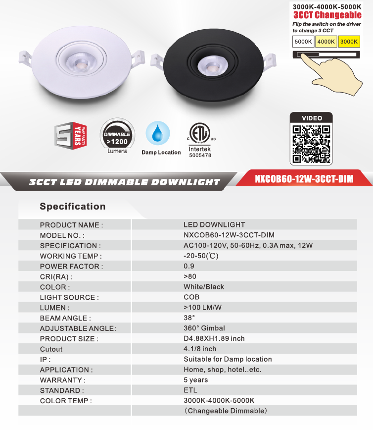 4" COB LED Dimmable Gimbal Downlight, Black-NXCOB60-12W-3CCT-DIM-B