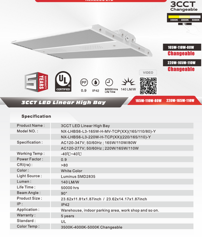 LED Linear High Bay, Foldable, Wattage-Select 110-220W, 3CCT-NX-LHBS6-L3-220/165/110W