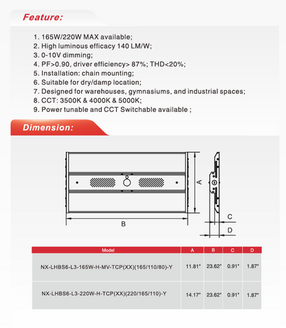 LED Linear High Bay, Foldable, Wattage-Select 110-220W, 3CCT-NX-LHBS6-L3-220/165/110W