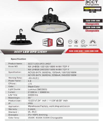 LED UFO High Bay, Wattage-Select 150-240W, 3CCT-NX-UHBS8-240-200-150W-H-MV-TCP