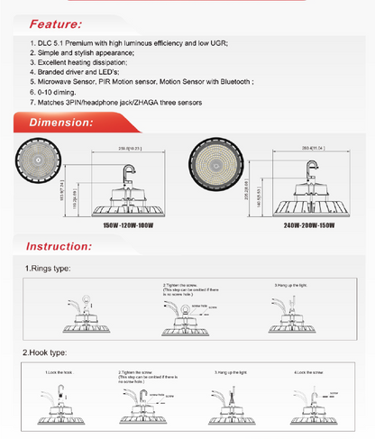 LED UFO High Bay, Wattage-Select 150-240W, 3CCT-NX-UHBS8-240-200-150W-H-MV-TCP