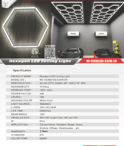 LED Hexagon Garage / Shop Light, 8ft x 16ft -534W, ETL Certified, 5000K (NX-HEX96190-534W-5K)
