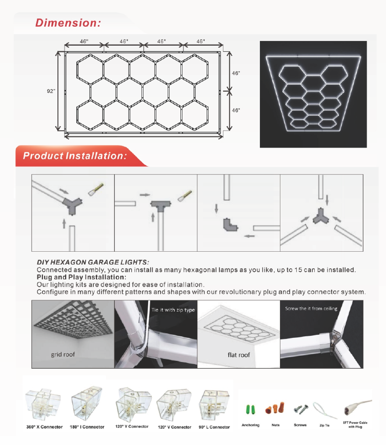 LED Hexagon Garage / Shop Light, 8ft x 16ft -534W, ETL Certified, 5000K (NX-HEX96190-534W-5K)