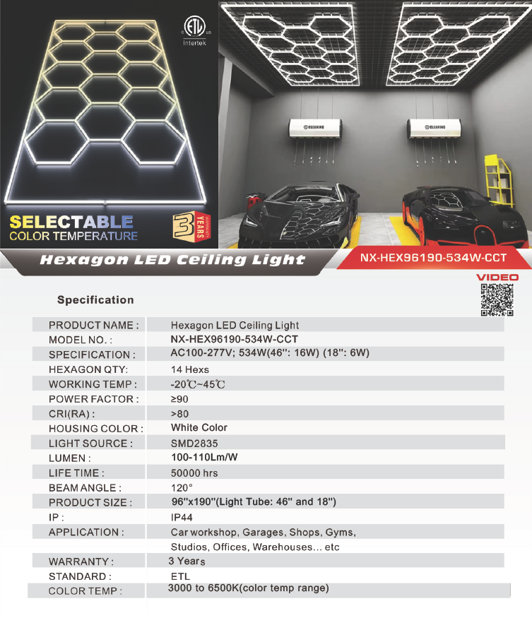 LED Hexagon Garage / Shop Light, 8ft x 16ft -534W, ETL Certified, 3CCT (NX-HEX96190-534W-3CCT