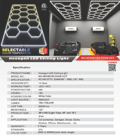 LED Hexagon Garage / Shop Light, 8ft x 16ft -534W, ETL Certified, 3CCT (NX-HEX96190-534W-3CCT