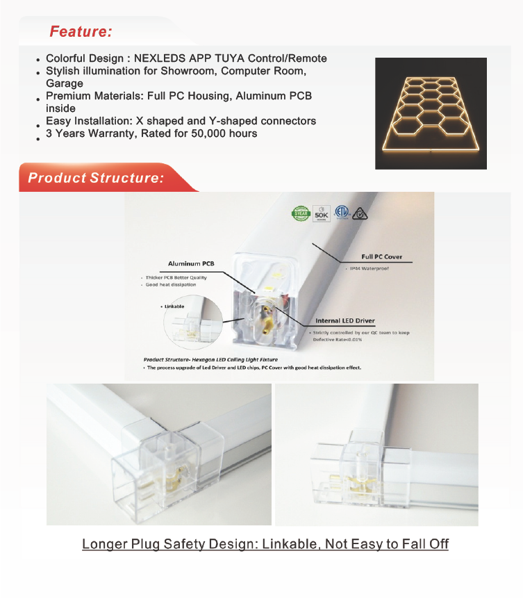 LED Hexagon Garage / Shop Light, 8ft x 16ft -534W, ETL Certified, 3CCT (NX-HEX96190-534W-3CCT