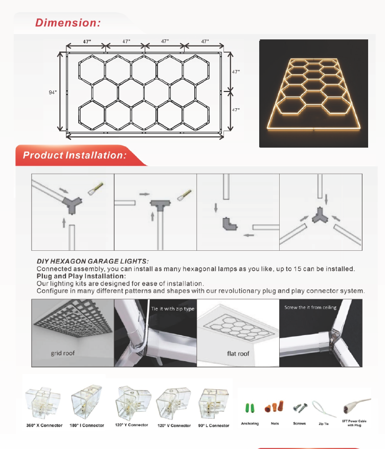 LED Hexagon Garage / Shop Light, 8ft x 16ft -534W, ETL Certified, 3CCT (NX-HEX96190-534W-3CCT