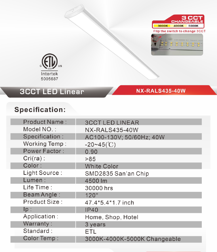 4 ft LED Linkable Wraparound Light, 40W 3CCT NX-RALS435-40W