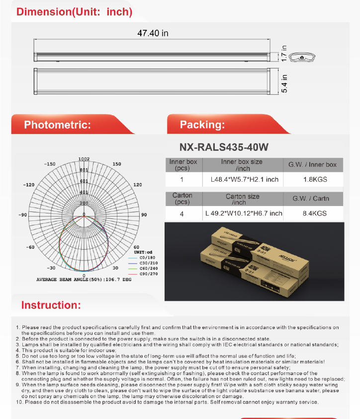 4 ft LED Linkable Wraparound Light, 40W 3CCT NX-RALS435-40W