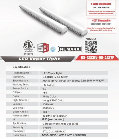 4 ft LED Vapor Tight Fixture, IP66 / NEMA 4X – 4CCT, Wattage-Select (NX-CGCHV-50-4CTFP)