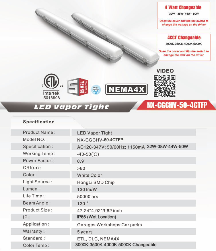 4 ft LED Vapor Tight Fixture with Built-In Sensor, IP66 / NEMA 4X (NX-CGCHV-50-4CTFP-SENSOR)