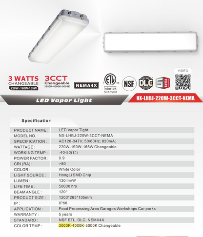4 ft LED Vapor Tight Linear High Bay Fixture-NX-LHBJ-220W-3CCT-NEMA