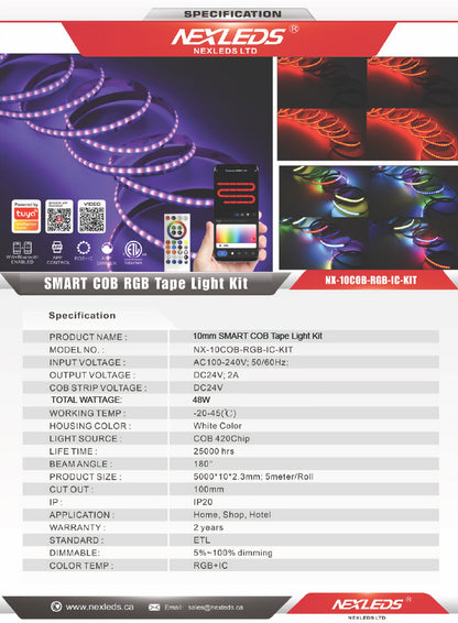 Smart RGB + IC COB LED Tape Light Kit, 5M (10mm)-NX-10COB-RGB-IC-KIT