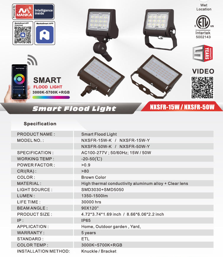 Smart RGBCW LED Floodlight, Knuckle Mount, 15W-NXSFR-15W-K