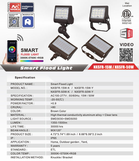 Smart RGBCW LED Floodlight, Knuckle Mount, 15W-NXSFR-15W-K
