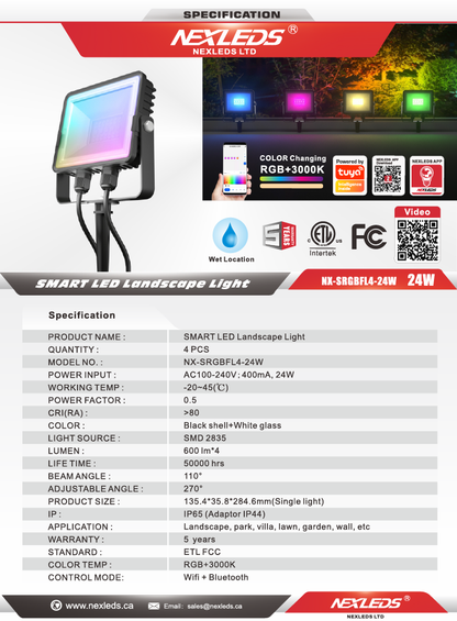Smart RGBCW LED Landscape Light, 24W-NX-SRGBFL4-24W