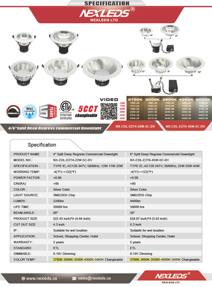 4" Split Deep-Regress Commercial LED Downlight-NX-CDL-E2T4-22W-5C-DV