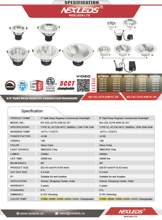 4" Split Deep-Regress Commercial LED Downlight-NX-CDL-E2T4-22W-5C-DV