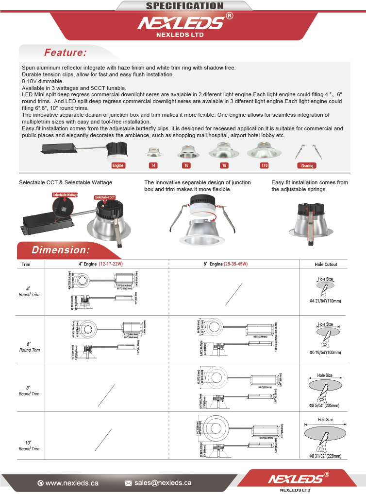 4" Split Deep-Regress Commercial LED Downlight-NX-CDL-E2T4-22W-5C-DV