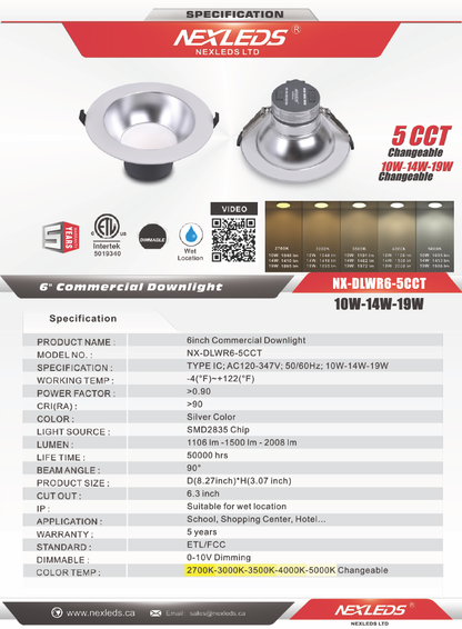 6" Commercial LED Downlight, Wattage-Select-NX-DLWR6-5CCT
