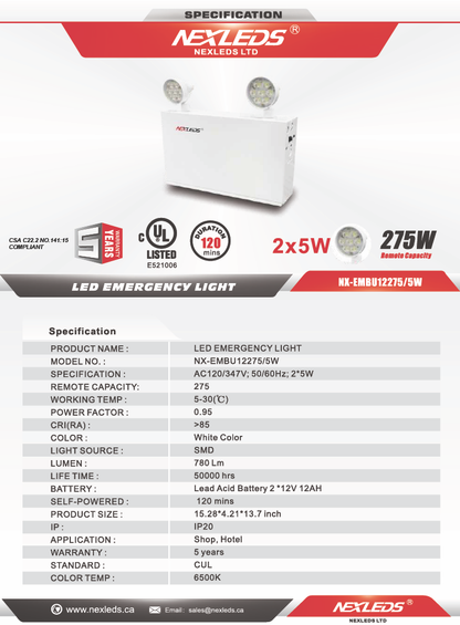 Steel Emergency Battery Unit, 12V 275W (30 min), 2x5W Heads- NX-EMBU12275/5W