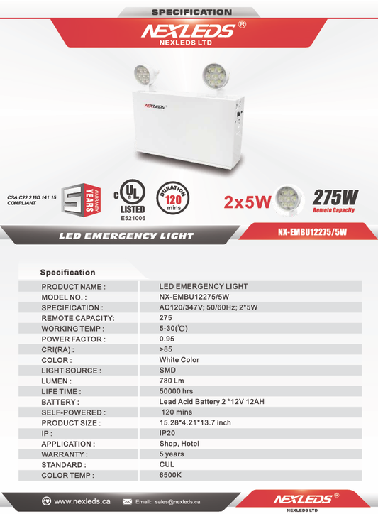 Steel Emergency Battery Unit, 12V 275W (30 min), 2x5W Heads- NX-EMBU12275/5W