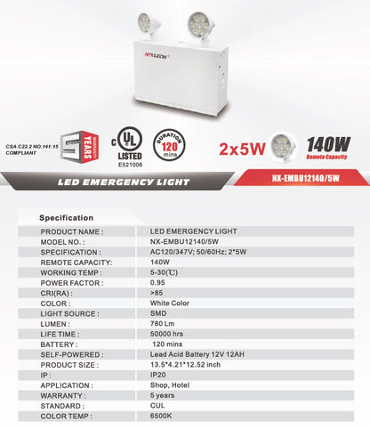 Steel Emergency Battery Pack Unit, 12V 140W (30 min), 2x5W Heads – NX-EMBU12140/5W