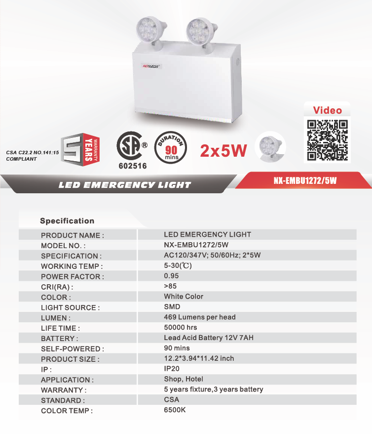 Steel Emergency Battery Pack Unit, 12V 72W (30 min), 2x5W Heads-NX-EMBU1272/5W