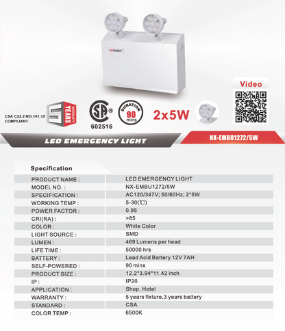 Steel Emergency Battery Pack Unit, 12V 72W (30 min), 2x5W Heads-NX-EMBU1272/5W