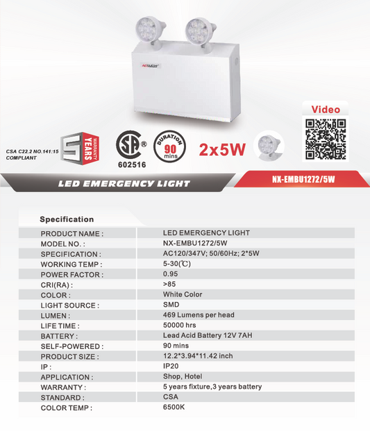 Steel Emergency Battery Pack Unit, 12V 72W (30 min), 2x5W Heads-NX-EMBU1272/5W