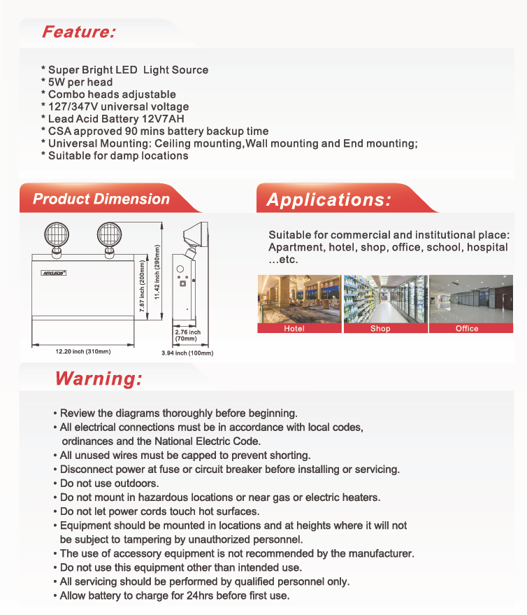 Steel Emergency Battery Unit, 6V 36W (30 min), 2x5W Heads-NX-EMBU636/5W