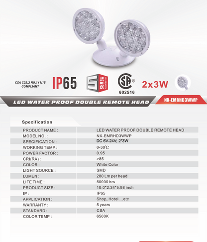 Double Remote Emergency Head, 3W Weatherproof IP66-NX-EMRHD3WWP