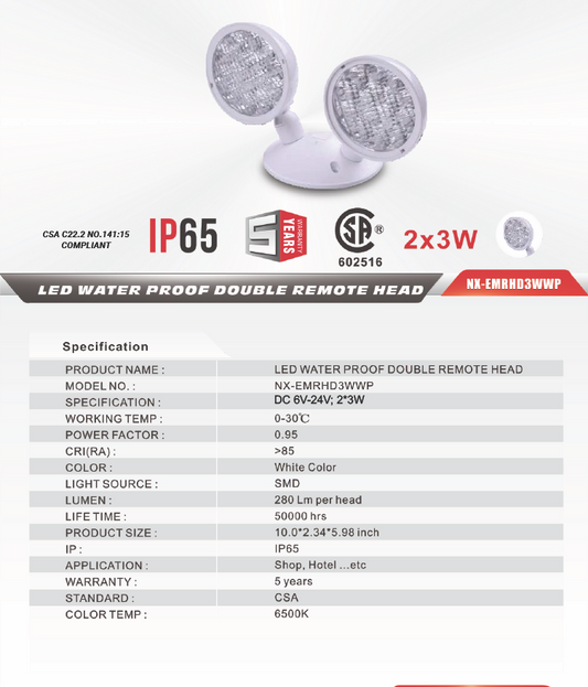Double Remote Emergency Head, 3W Weatherproof IP66-NX-EMRHD3WWP