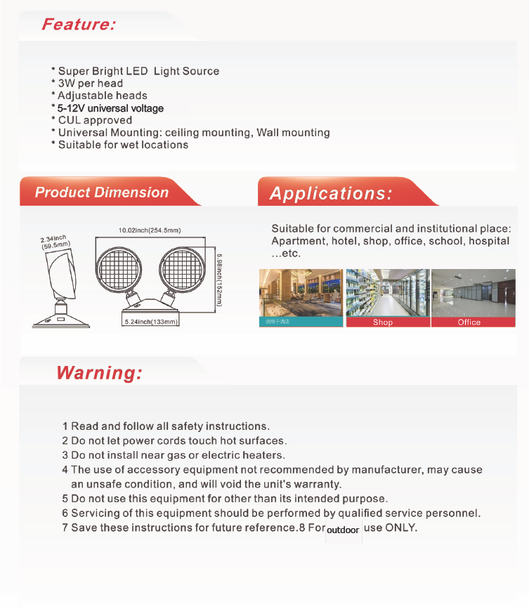 Double Remote Emergency Head, 3W Weatherproof IP66-NX-EMRHD3WWP