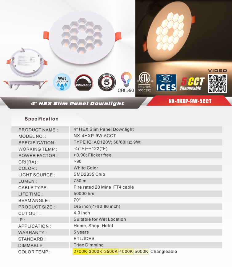 4 inch Hex pot lights-Anti Glare-FT4 Cable- CRI>90-5CCT-9W-750 LUMEN.