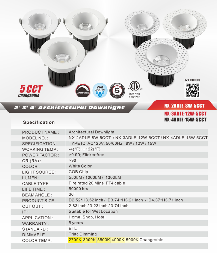 2" / 3" / 4" Architectural LED Downlight- 5CCT Selectable-CRI>90-White.