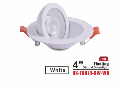 4" Floating Gimbal LED Downlight, White NX-FGDL4-9W-WH