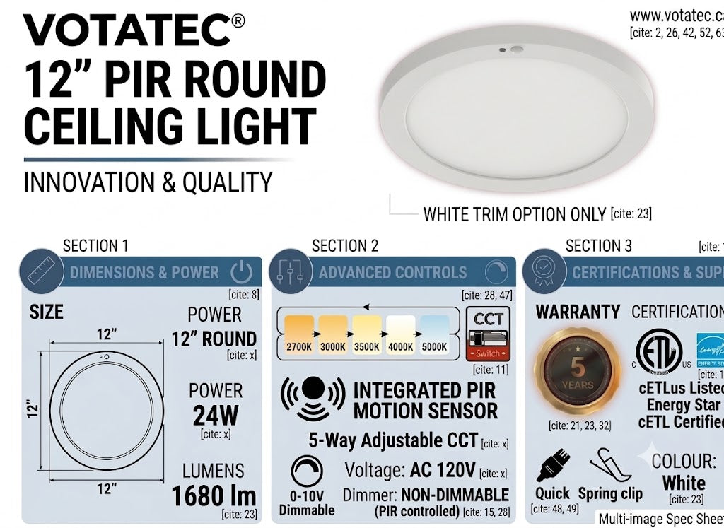 Votatec 12" Round LED Flush Mount with PIR Motion Sensor  5CCT